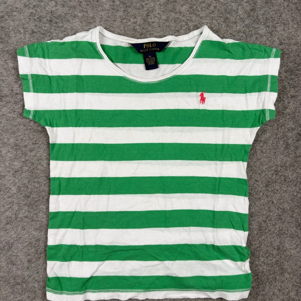 Polo Ralph Lauren T-Shirt Girls Size 6X Green White Striped Pony Logo Tee - Picture 3 of 9